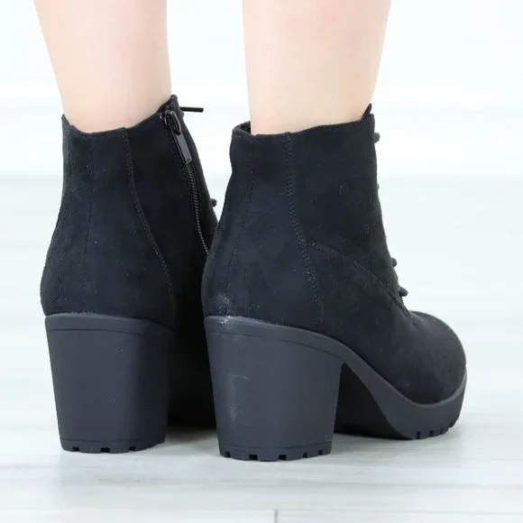 Black Suede Ankle Chunky Block Lug High Heel Boots Lace-Up - Picture 6 of 13
